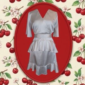 Altar’d State Champagne Short Flutter Sleeve Satin Ruffle Mini Dress Size M